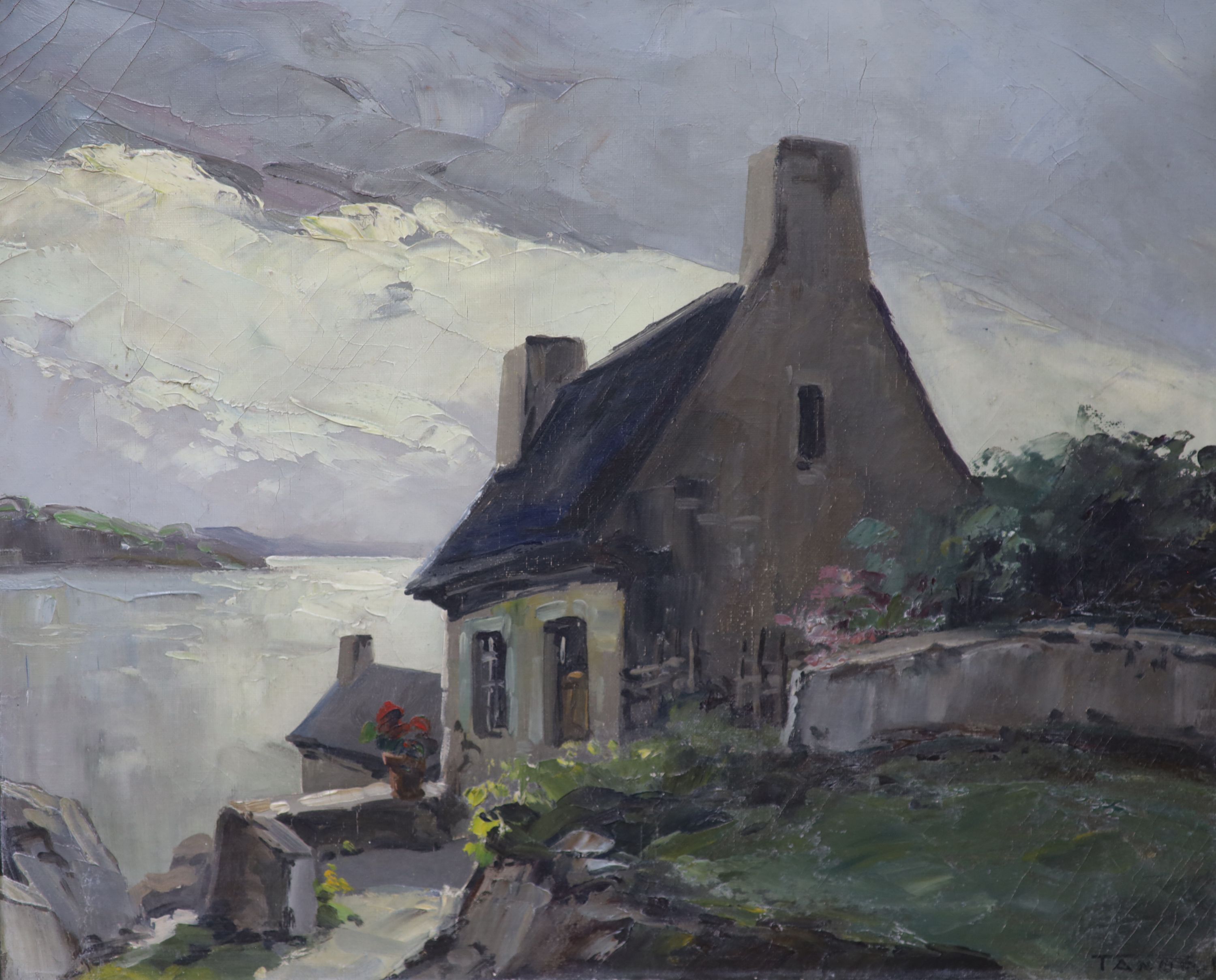 M* Tanor (20th century), oil on canvas, Coastal scene with cottages, signed, 36.5 x 44.5cm